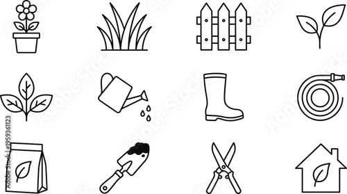 Gardening and Plant Care Line Icon Set with Watering Can Leaves Grass Fence Rubber Boots Pruning Tools Eco Home and Garden Equipment Outline Symbols