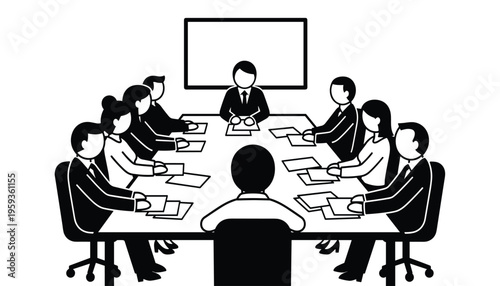 A group of business professionals engaged in a meeting around a large table with a blank screen in the background for presentations