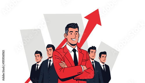 Confident leader in red suit with arms crossed standing in front of team and rising red arrow