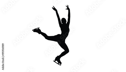 A figure skater in mid air performing a jump with arms raised and one leg extended