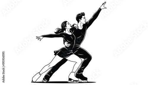 Ice skating couple in synchronized motion on frozen rink