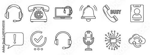 A versatile collection of line icons depicting customer service, call center operations, digital communication, and technical support concepts, perfect for business tools and digital