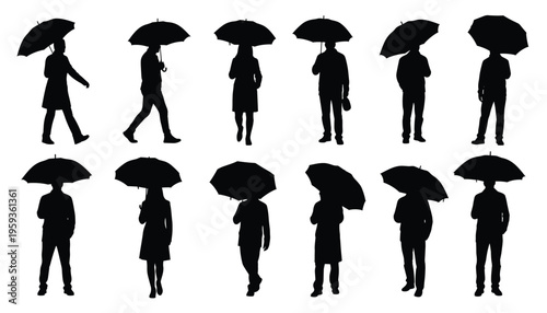 Collection of 12 black silhouettes of people holding umbrellas in various poses on white background