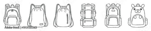 A diverse collection of everyday bags and backpacks including school, travel, hiking, and casual drawstring styles presented as an appealing line drawing for various accessoryrelated