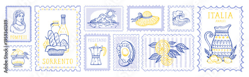 Stamp summer from Italy. Vintage Mediterranean Italian sea frame. Lemon, food, beach postcard. Italy vector postage. Amalfi poster stamp with brunch food, beach, statue lemon. Graphic coastal frame bg