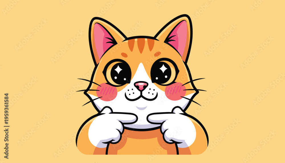 Obraz premium Cute orange tabby cat peeking with big eyes and paws on chin on yellow background