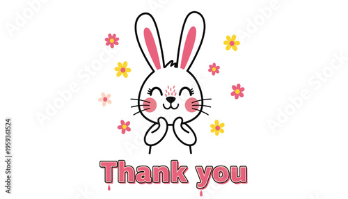 Cute cartoon bunny expressing gratitude with flowers
