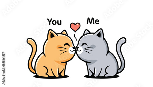 Cute cartoon cats sharing a romantic kiss with a heart above them