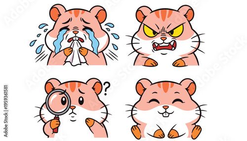 A set of four emotive hamster faces with different expressions and reactions