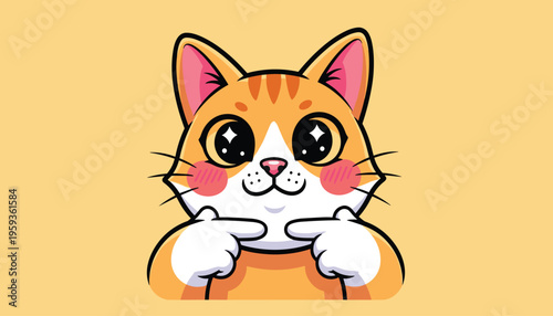 Cute orange tabby cat peeking with big eyes and paws on chin on yellow background