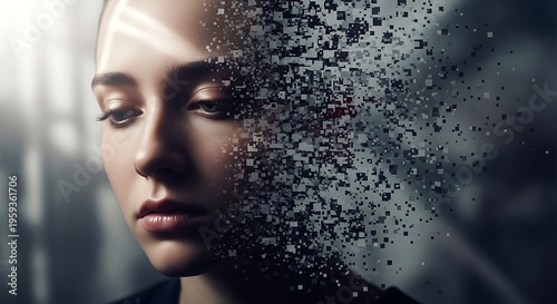 Surreal portrait of a woman with a pixelated face representing technology and human emotion with a blend of digital and real in a dark and moody