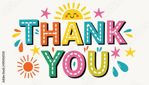 Colorful thank you message with smiling sun and stars