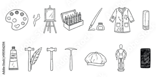 Hand drawn collection of essential studio tools and craft supplies featuring palettes, easels, crayons, ink pens, smocks, hammers, and mannequins suitable for educational and project