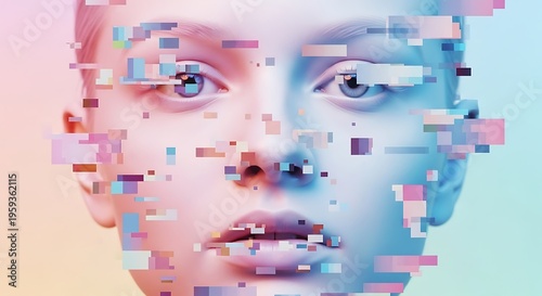 Glitchy face with pixelated distortion futuristic digital portrait technology error