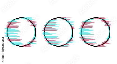 Three distorted colorful circles overlap each other in a technological abstract art piece.