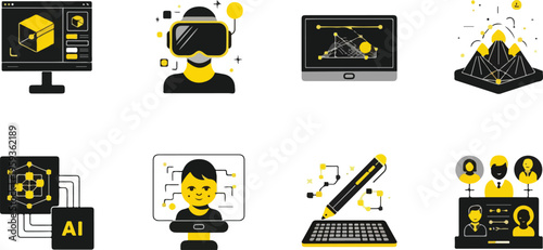 Set of 8 black and yellow technology and artificial intelligence vector icons featuring VR, 3D modeling, AI, data analysis, and digital collaboration for modern design projects isolated PNG with