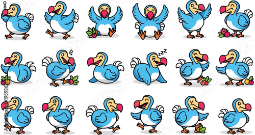 Cute Cartoon Dodo Birds Expressing Various Emotions