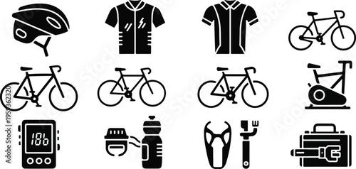 Set of 12 black glyph style cycling icons vector, including bicycle, helmet, jersey, speed sensor, water bottle, and repair tools for sports and fitness design isolated PNG with Transparent