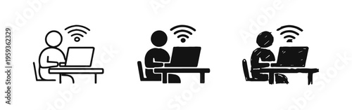 Connected Remote Work Icons: Person on Laptop with WiFi Signal for Online Productivity and Digital Connectivity.