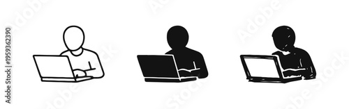 Digital Work Icons: Individual Using Laptop for Remote Tasks, Online Education, and Productive Computing.