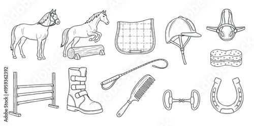 A collection of horse riding equipment and horses perfect for illustrating equestrian sports and animal care themed educational materials or hobby guides