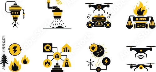 Set of 8 black and yellow vector icons depicting modern technology and environmental themes, including drones, smart farming, energy, and fire detection for web and app design. isolated PNG with