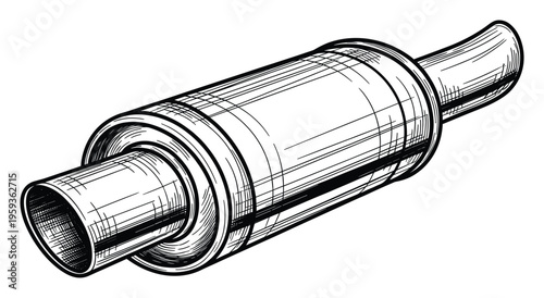 Classic automotive exhaust muffler part depicted in a detailed vintage engraved line style, perfect for repair shop promotions or vehicle maintenance guides