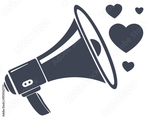 Megaphone graphic with hearts symbolizing broadcast of love announcement or positive message