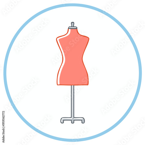 A stylized coral pink mannequin on a stand within a blue circle outline