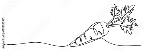 Continuous single line drawing of a fresh organic carrot with green leaves emerging from the soil, ideal for promoting healthy eating habits or sustainable agriculture branding.