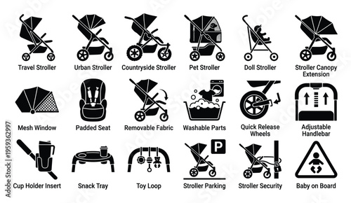 Diverse range of stroller types and essential accessories presented as silhouette icons, ideal for illustrating product features in ecommerce, parenting resources, and instructional guides.