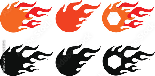 Fire Flame Speed Icon Set with Burning Motion Symbols for Fast Energy Power Heat Racing Effect Warning Elements and Dynamic Logo Vector Collection