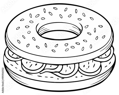 Black and white outline illustration of a bagel sandwich with seeds and sliced vegetables