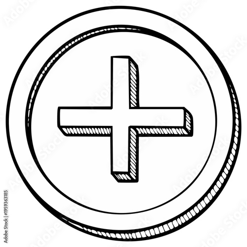 Hand Drawn Plus Sign Icon in Circle Symbol Simple Geometric Shape Outline Illustration