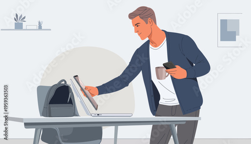 Flat vector illustration of a professional man packing his laptop and digital tablet into a grey backpack on a desk while holding a smartphone and a cup of coffee.