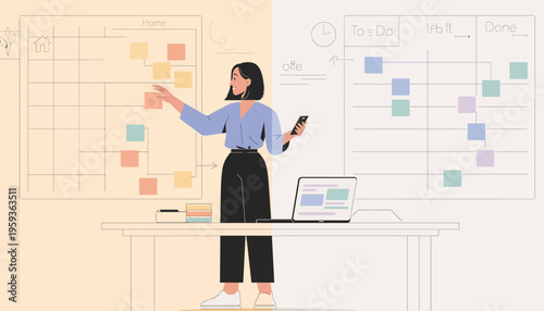 Flat vector illustration of a woman organizing daily tasks between home and office planning boards using sticky notes, a laptop, and a smartphone for work-life balance management.