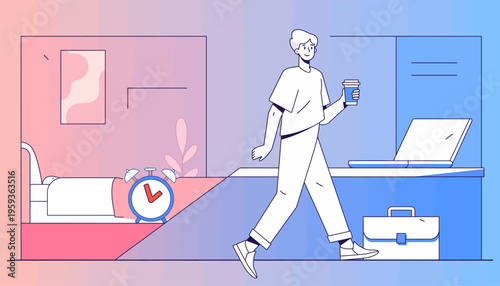 Flat line art illustration of a professional transitioning from a morning home bedroom routine with an alarm clock to a modern office workspace with a laptop and briefcase.