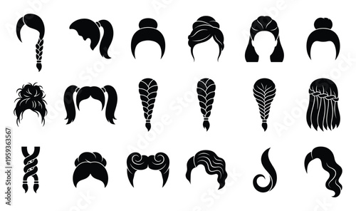 A diverse collection of various female hairstyles featuring braids ponytails buns and flowing hair ideal for beauty salon branding graphic resources and avatar creation.