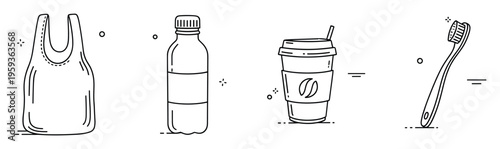 Essential daily consumption items featuring a plastic shopping bag, a water bottle, a coffee cup with a straw, and a toothbrush, ideal for illustrating themes of convenience, waste, and