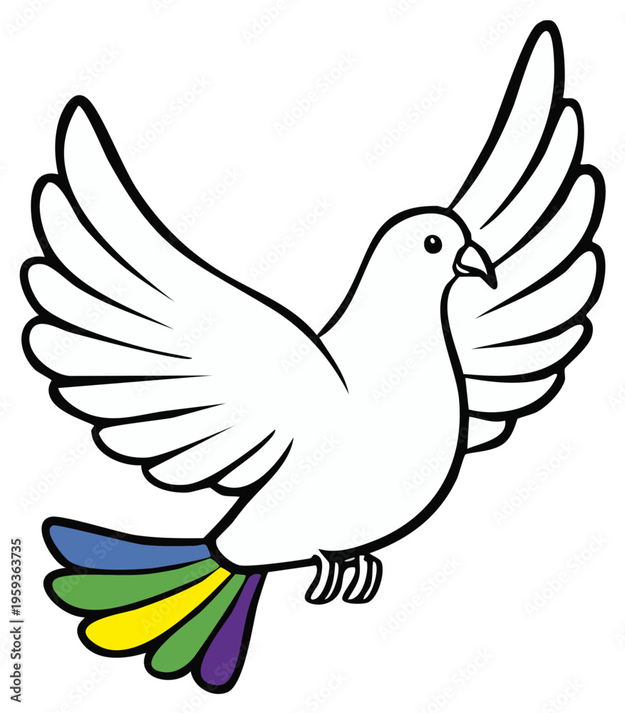 Fototapeta premium Dove in Flight with Rainbow Tail Feathers Symbolic Bird of Peace Illustration