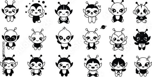 Cute Cartoon Aliens Monochrome Character Set