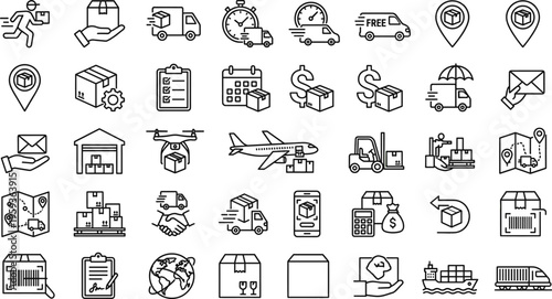Logistics and Delivery Line Icon Set with Shipping Truck Warehouse Air Cargo Free Delivery Tracking Package Transport Supply Chain and Courier Service Outline Symbols