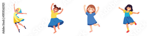 A set of child happily moving and dancing, flat design, no outline, minimal look