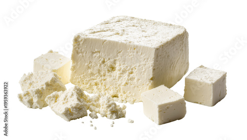 Φωτογραφία Delicious block of fresh white feta cheese, partly crumbled, with small cut cube