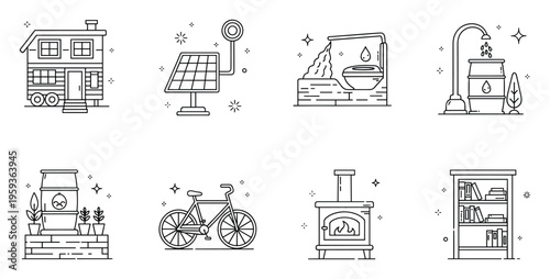 Collection of essential line icons depicting various aspects of sustainable living and offgrid solutions, perfect for illustrating environmental themes and ecofriendly practices.