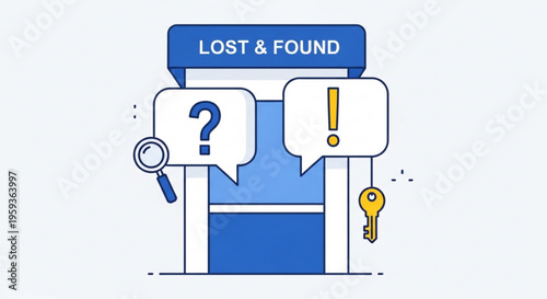 Lost and found office sign with question mark and exclamation mark icons magnifying glass and key