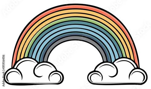Cartoon rainbow with fluffy clouds. Colorful illustration for a happy concept.