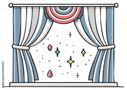 Cartoon Window with Curtains and Sparkle Decorations Festive Illustration
