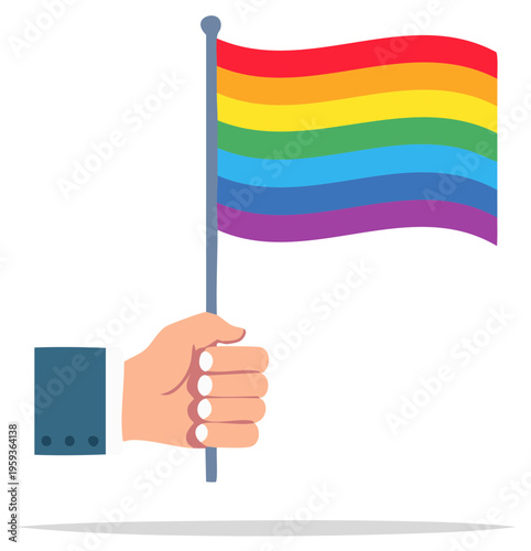 Hand with a Suit Sleeve Holding up the Colorful Rainbow Flag in Support of Diversity and Inclusion.