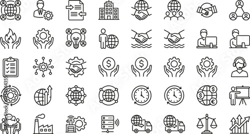 Global Business and Teamwork Line Icon Set with International Collaboration Finance Support Network Communication Logistics Partnership Strategy and Productivity Outline Symbols